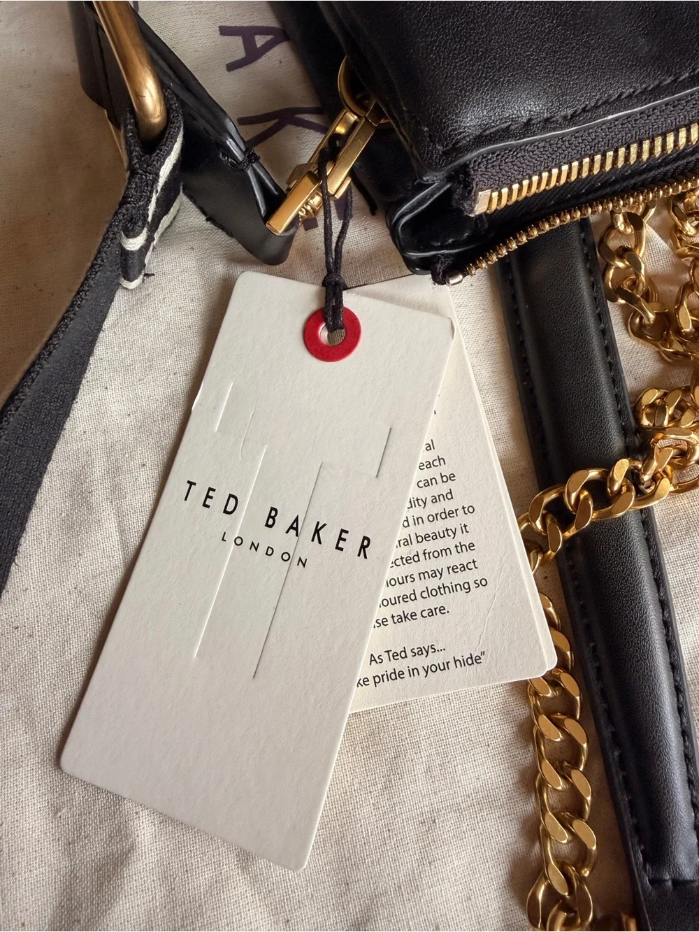 Ted Baker London Black Leather Crossbody Gold Chain Straps NWT Dust Bag Black